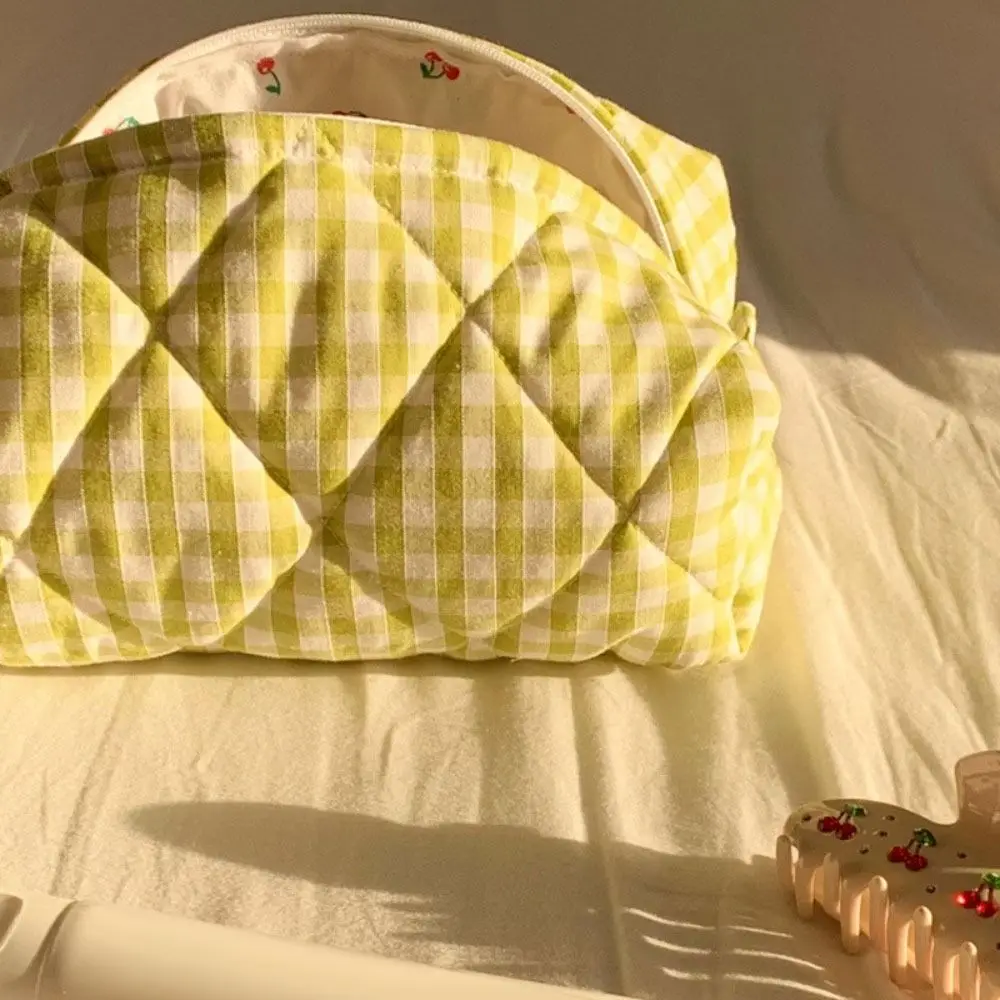 Baumwolle geste ppte Make-up-Tasche tragbar kariert mit Reiß verschluss Wasch beutel große Kapazität Hautpflege beutel Reise – Detail 2