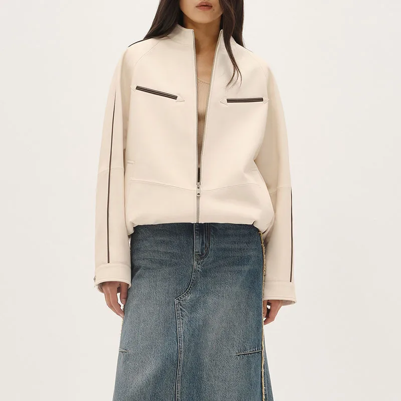 

Женская куртка из овечьей кожи, повседневная бейсбольная куртка в контрастную полоску с полувысоким воротником и молнией, 2023