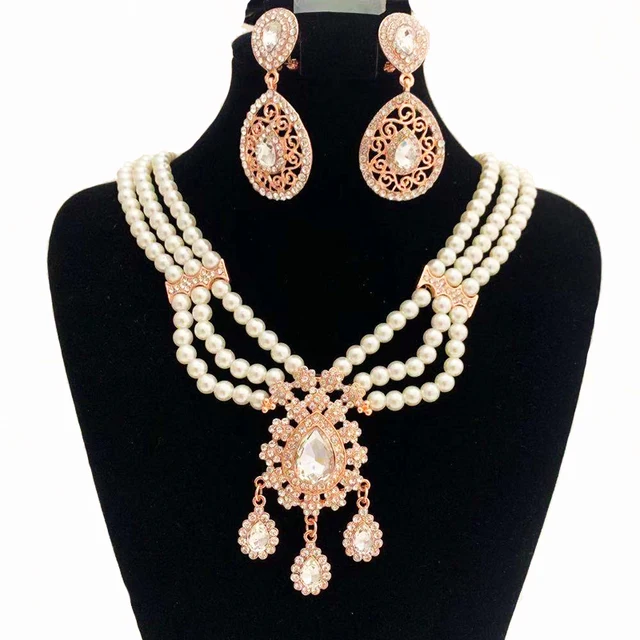 Arab Wedding Ornaments Set Fashionable Green Rhinestone Jewelry Moroccan Women Pearl Earrings Pearl Necklace Waist Chain, Jewelry Set 6