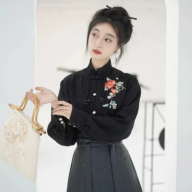

Stand-up Collar Placket Jacquard Airplane Sleeve Short Shirt Chinese Style Hanfu Top Clothes Autumn Spring Hanfu Shirt