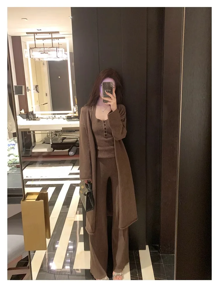 Conjunto de 3 piezas de punto para mujer, chaleco con cuello halter, cárdigan largo, pantalones largos, ropa informal lisa de moda coreana, otoño e invierno, nuevo