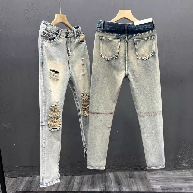 Pantalon Moto Homme High Street Fashion Ripped Jeans For Men Straight Men's  Jeans Hole Skinny Jeans Men Graphic Jeans - AliExpress