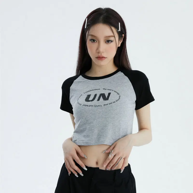 

Women Fashion Printed Short Sleeve Sexy High Street Summer High Waist Crop Cool Girl Short Top Casual Ins Style Shoulder T-shirt