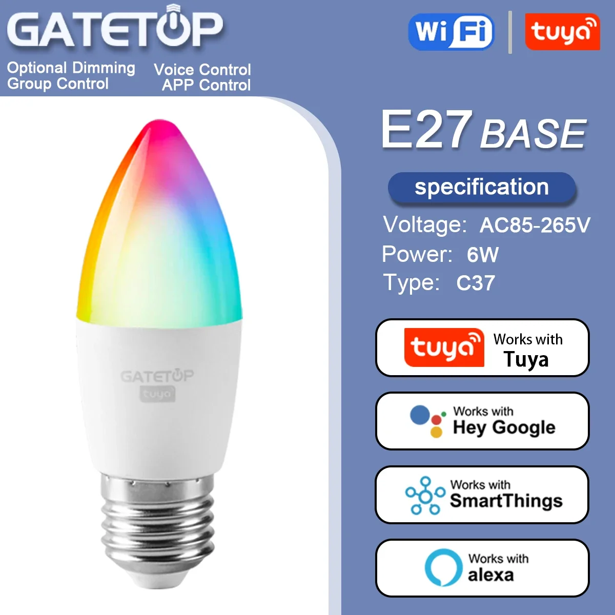 

Tuya Rgb Bulb 6W Smart C37 E27 Light Dimmable Wifi Led Magic Lamp AC 110V 85V-265V Work With Alexa Google Home