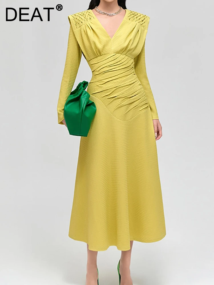 DEAT Women s Evening Dress V neck Long Sleeve Pleated High Waist deat-women-s-evening-dress-v-neck-long-sleeve-pleated-high-waist