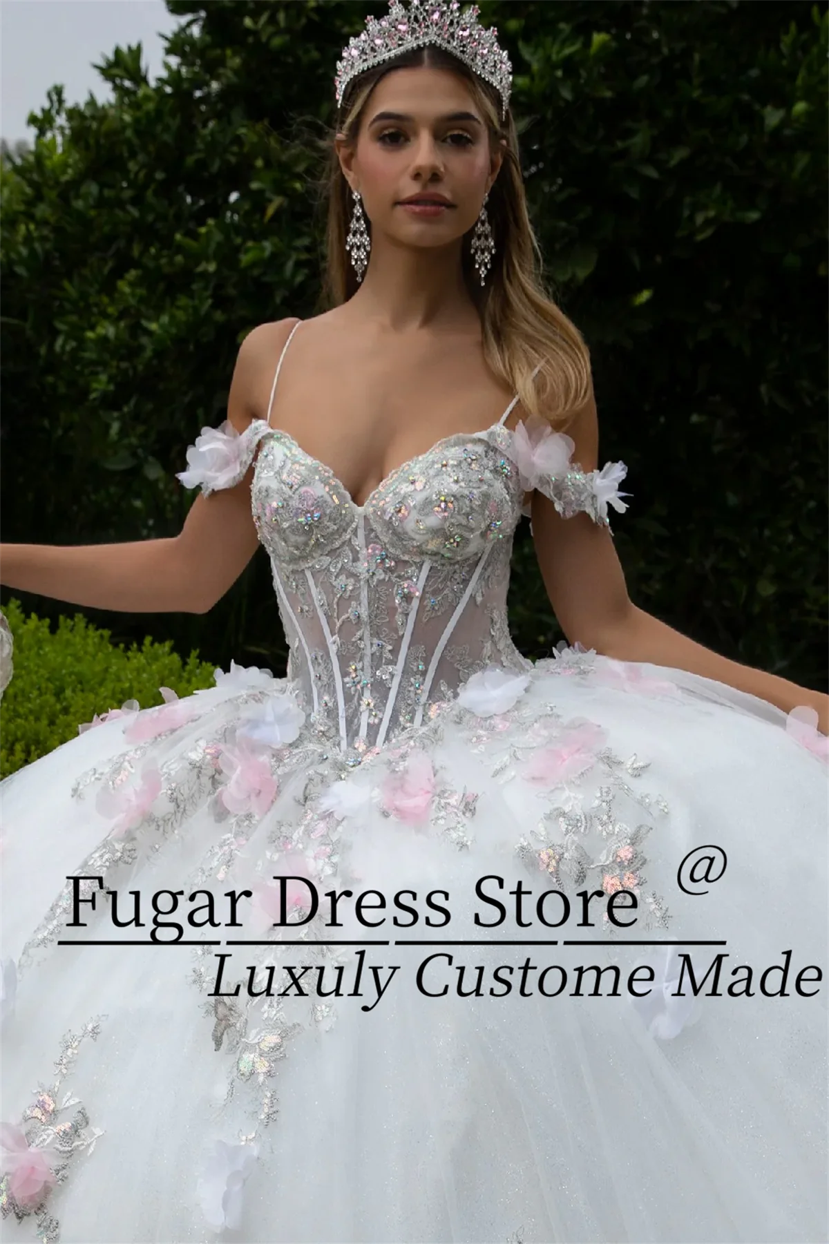 French Off White Quinceanera Dresses 3D floral decal long off shoulder dress paired with A-line skirt Customize