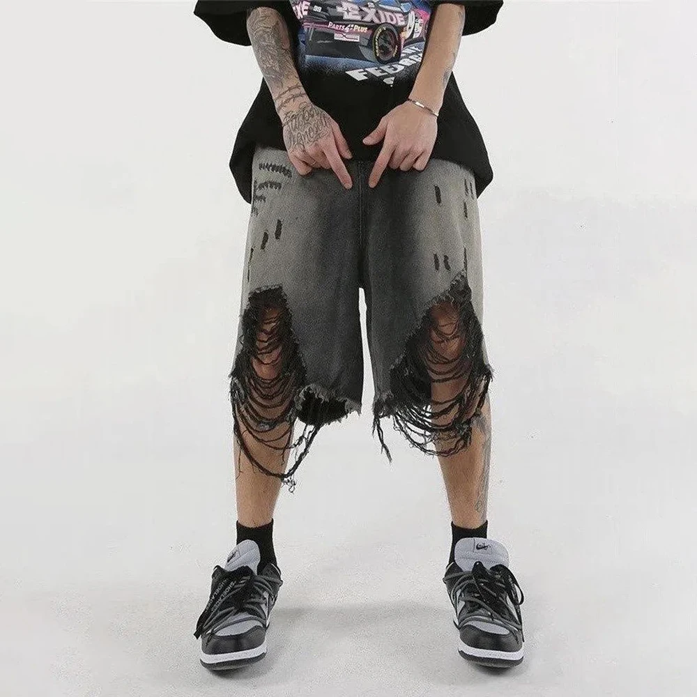High Street Loose Washed Old Ripped Shorts American Retro Shorts Summer Street Y2K Hip Hop Tassel Wide Leg Casual Denim