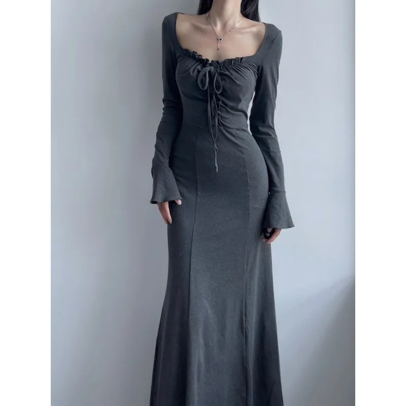 

Sexy Hot Girl Long Sleeve Knitted Dress Early Spring New Slim Fit Hip Fishtail Long Dress for Women