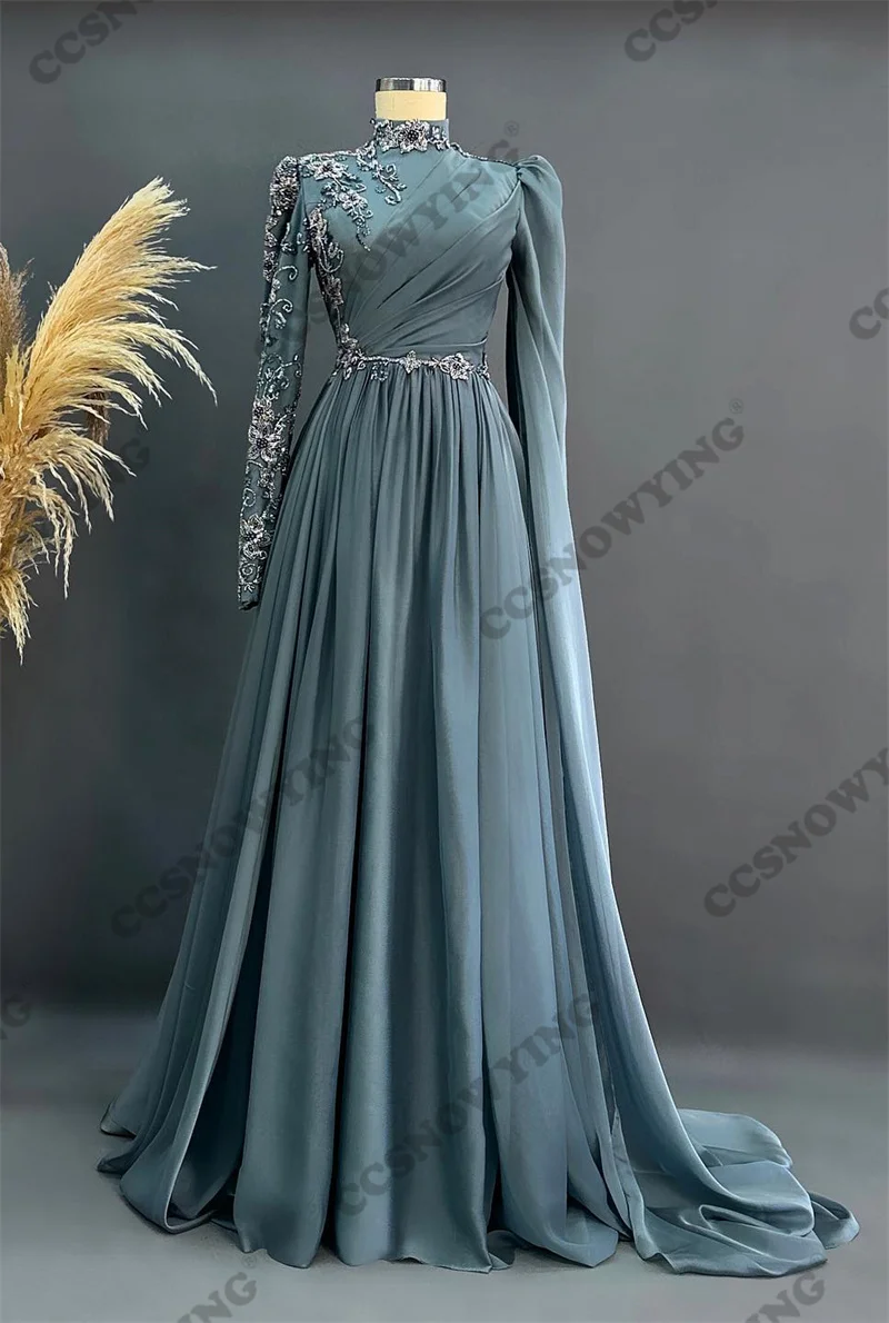 

Chiffon Appliques Long Sleeve Muslim Evening Dresses Islamic Hijab Formal Party Gown Women Arabic Kaftan Robe De Soiree