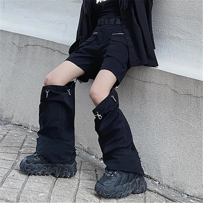 

New Hip Hop Plus Size Removable Ripped Loose Straight Streetwear Women Trousers Black High Elastic Waist Sexy Baggy Cargo Pants