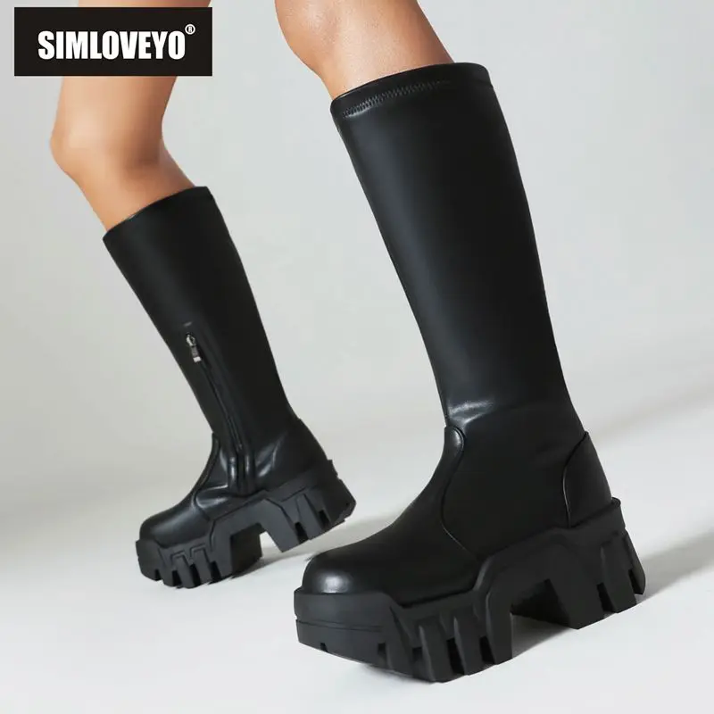 

SIMLOVEYO Patent Leather Female Boots Round Toe Block Heels 7cm Platform 5cm Zipper Casual Daily Winter Booties Large Size 43 44