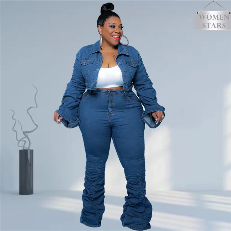 DenimPlusSizeSetsWomen2PieceSetPuffLongSleeveJacketStretch