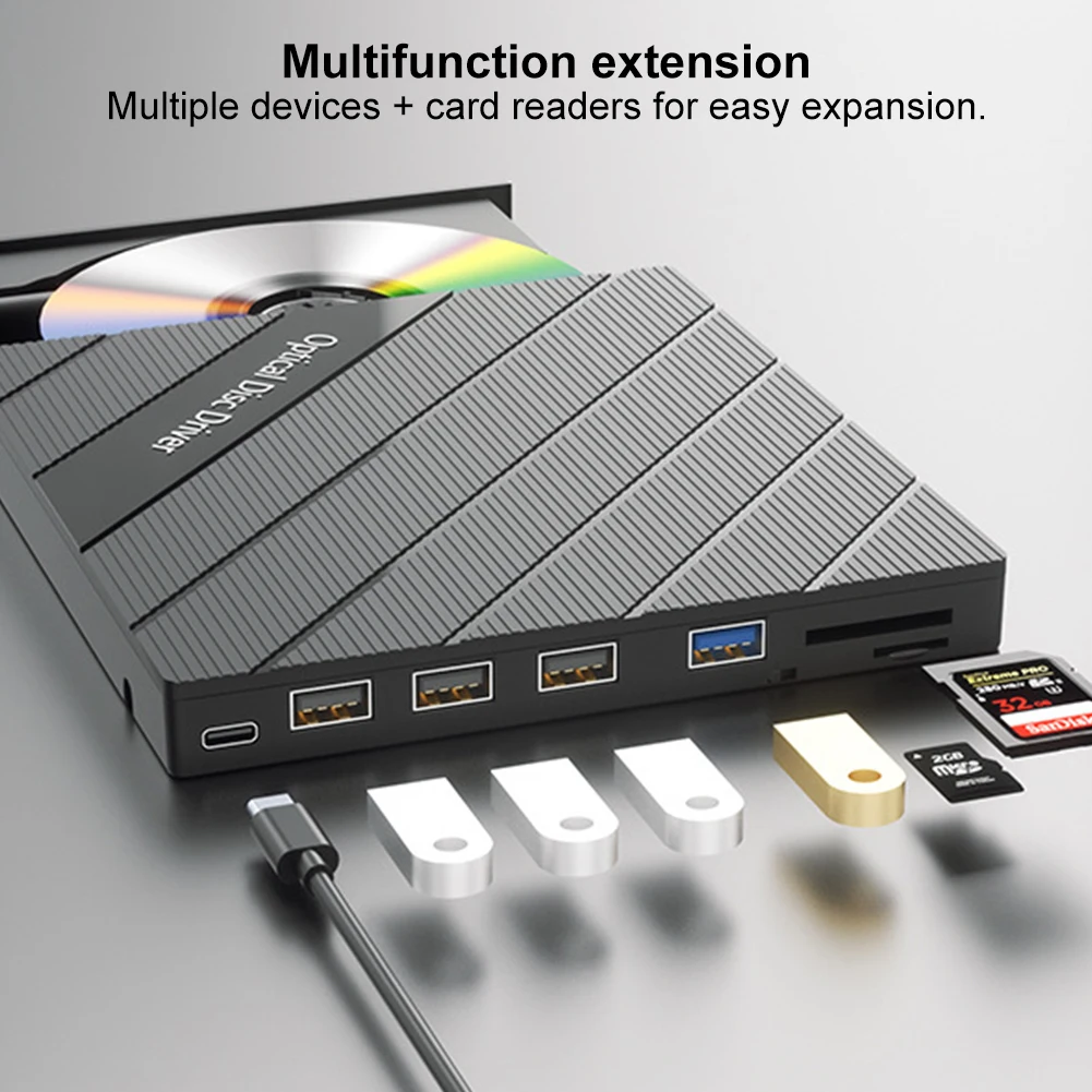 USB 3.0 Type C External Blu-ray Optical Drive CD/DVD/VCD -/+RW Player with SD/TF Card Ports Blu Ray Burner Reader for PC Laptop, external blu ray drive