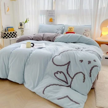 2024 new towel embroidered sticker embroidered milk fleece four-piece set thickened 220g winter warm bed sheet kit