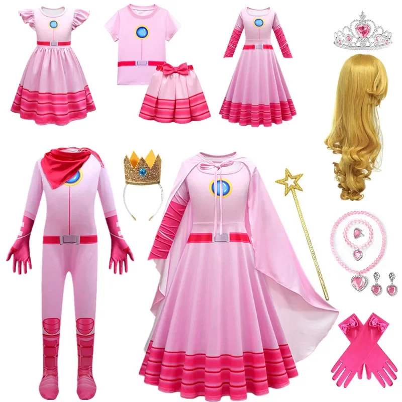 Halloween Children Princess Peach Costume Cosplay Carnival Girls Pink Battle Suit Tuta Summer Kids Birthday Party Dresses