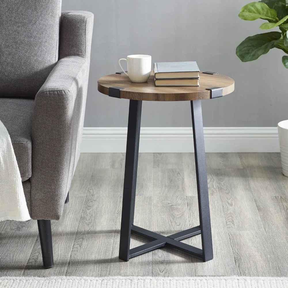 

Rustic Wood and Metal Round End Table, Reclaimed Barnwood