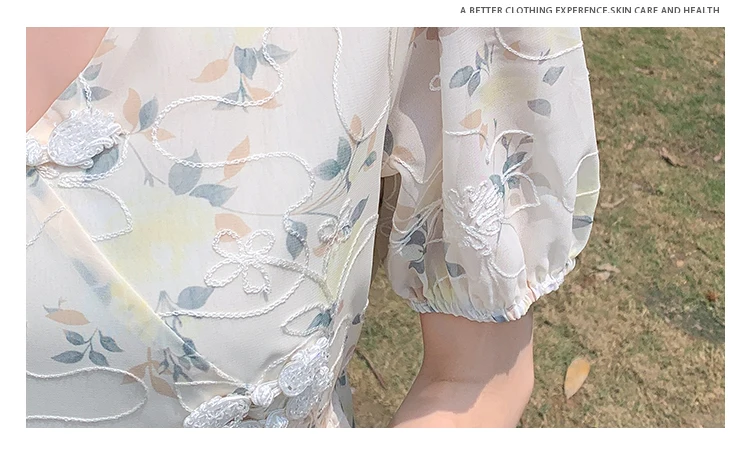 Summer New Chinese Style Midi Dresses for Women Floral Printed V-neck Puff Sleeve A-line Casual Elegant Dress One Piece Vestido