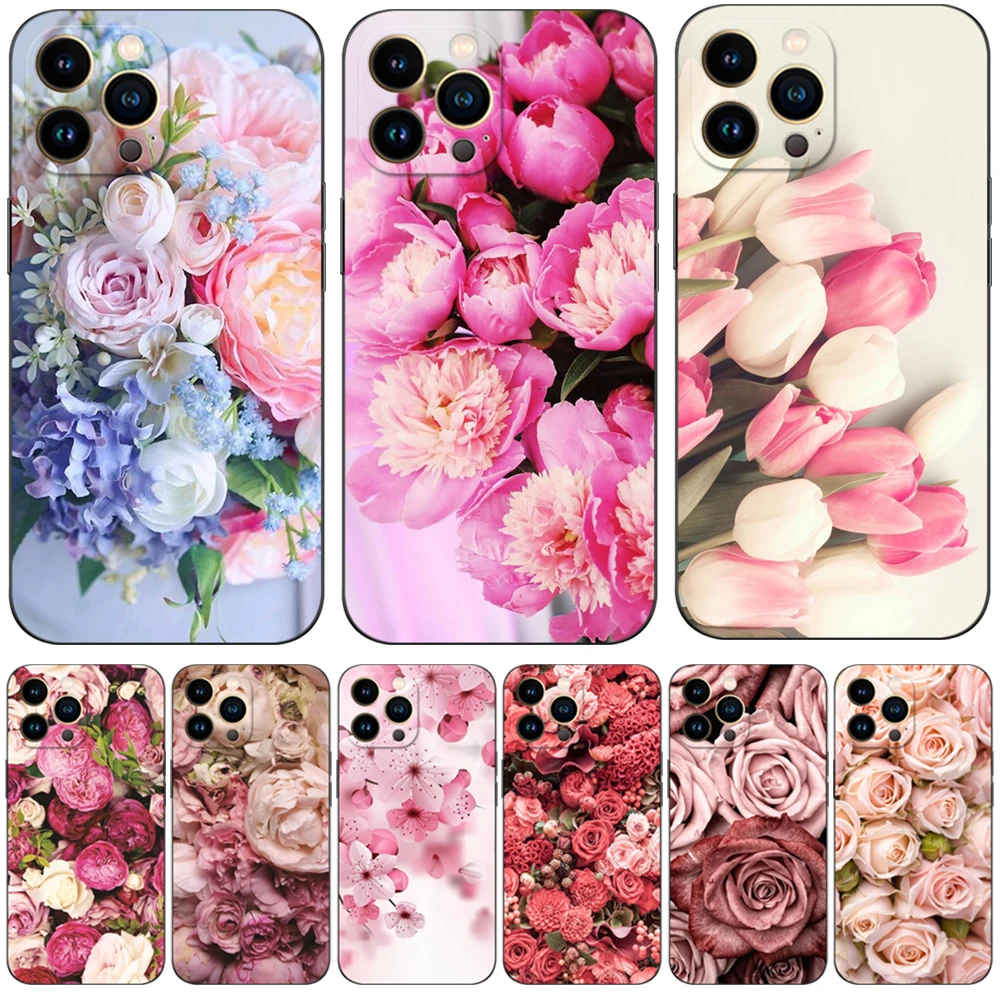 Per Iphone 13 Custodia Per Iphone 13 Mini Iphone 13 Pro Max Custodia Iphone 13 Iphone 13Pro 13Pro Custodia In Tpu Nero Fiore Rosa Peonia