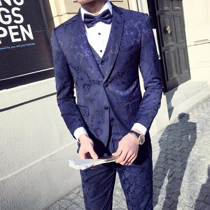 

Black Navy Blue Green Jacquard Suit Men Slim Fit Mens Wedding Suits Dinner Banquet Prom Suits For Men Jacket Pants Vest Q535