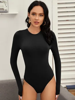 Black Long-Sleeve Bodysuit with a Round Neck, Women'S Spring And Autumn Stretchy Fitted Sexy Ribbed Base Layer Top
