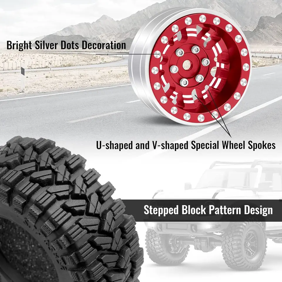 thumbnail image 2 of 1.2 Beadlock Wheels & Tires For TRX4M SCX24 RC Crawlers - 4 Offsets Aluminum Rims (4pc Black) 2 of 9