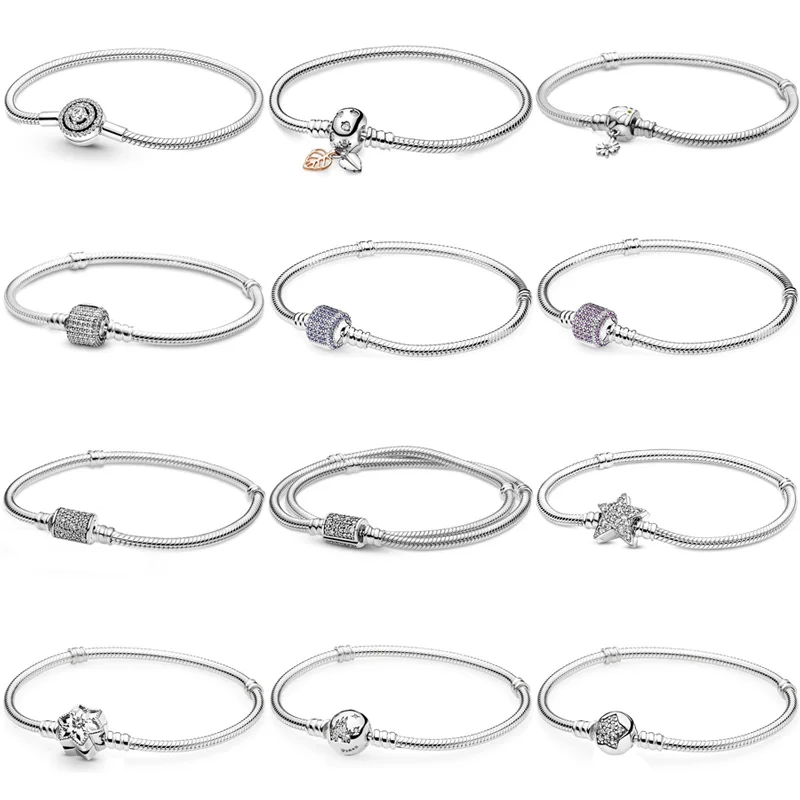 

Original Snowflake Signature Halo Star Snake Chain Bracelet Fit Fashion 925 Sterling Silver Bangle Bead Charm Diy Jewelry