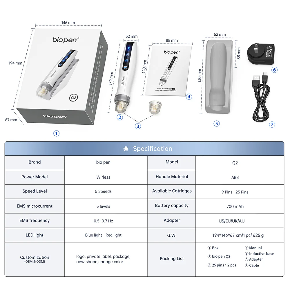 New Bio pen Q2 Professional Microneedling Pen-Electric Wireless EMS Electroporation LED Light Therapy Derma Pen Machine