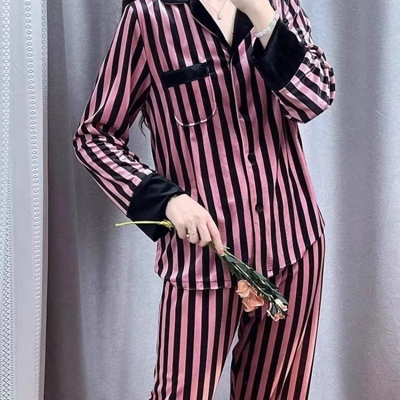 Golden Velvet Pajamas Women's Autumn Winter Sleepwear 2024 New Long-sleeved Trousers Loungewear Set Plus Size V-neck Homewear