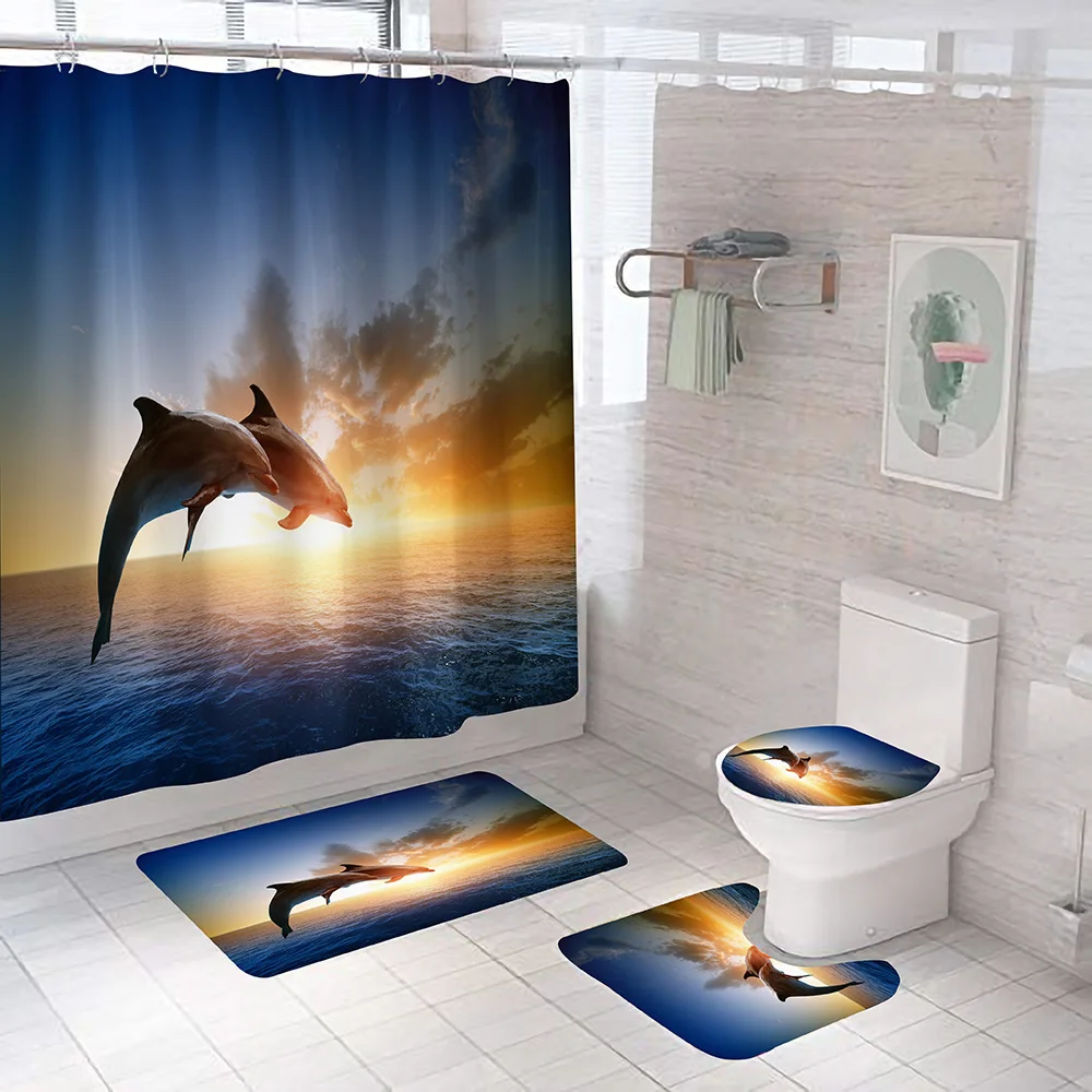 

Beach Sunset Dusk Scenery Ocean Dolphin 3D Printing Waterproof Shower Curtain with Rug Toilet Cover Bath Mat Set Bathroom Decor