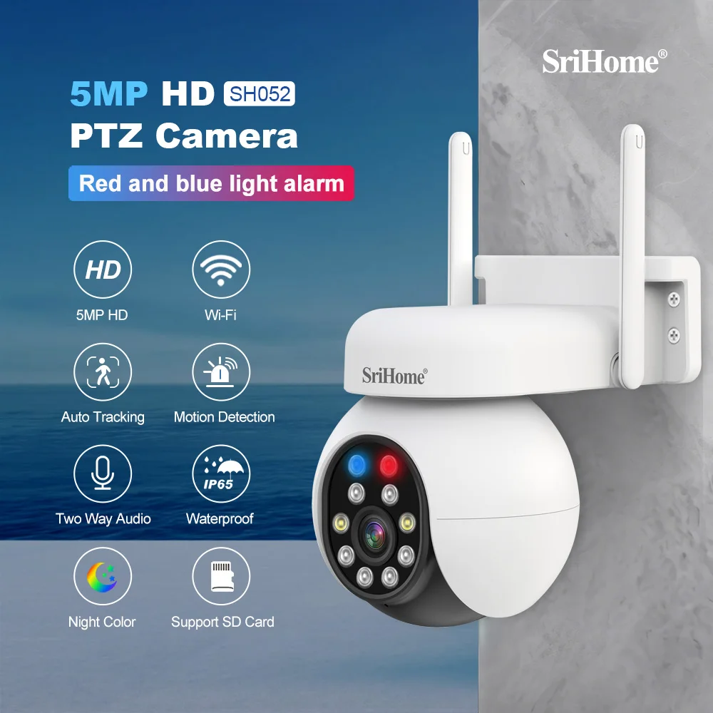 Srihome SH052 Wifi 5MP Wireless PTZ IP AI Auto Tracking Sound&Light Alarm Starlight Color Night Vision Outdoors Surveillance Cam