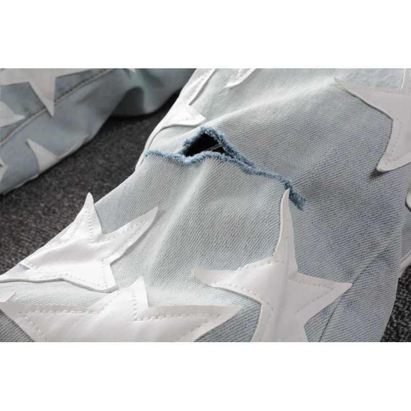 Best Sellers Men\'s Distressed Streetwear Light Blue Denim Pants Leather White Stars Patchwork Moustache Holes Ripped Jeans Pants
