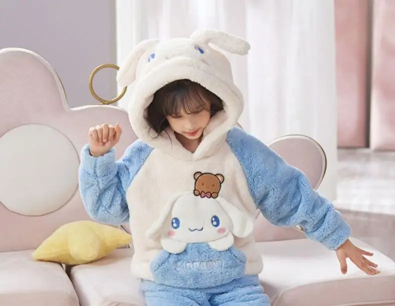 Cinnamoroll Pajama Kuromi Kawaii My Melody Cartoon Plus Velvet Thicken Hooded Tracksuit Girl Festival Gift