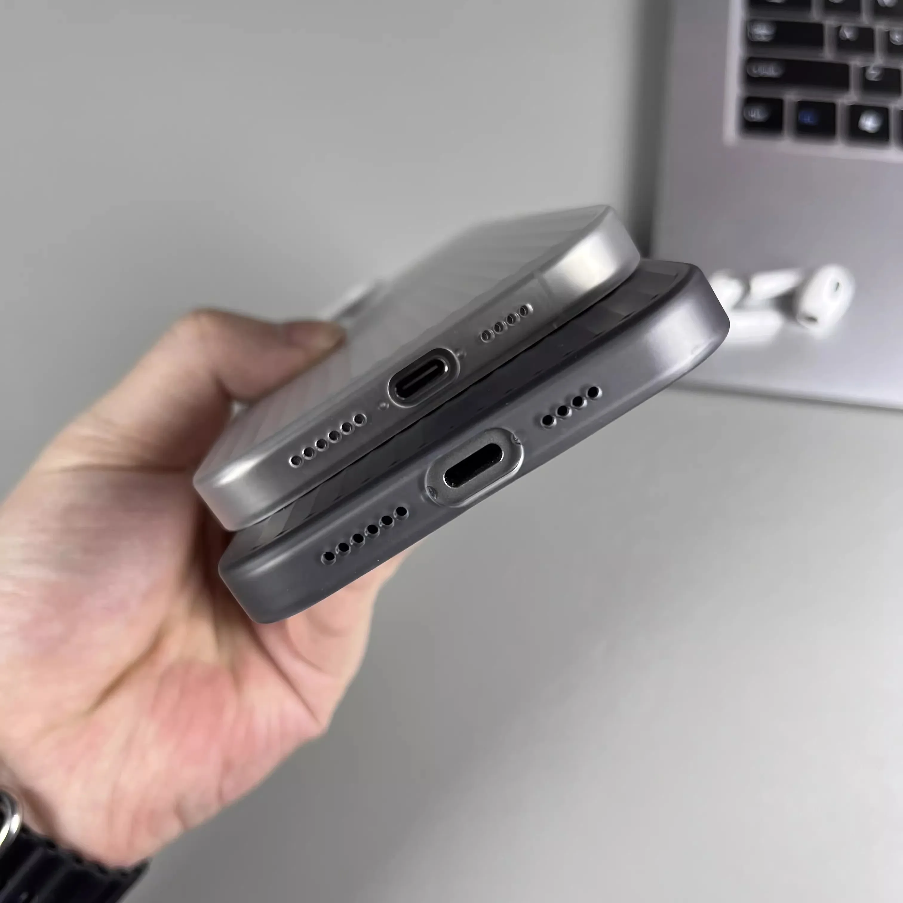 Natural Titanium Grating Stripe Pattern Shockproof Phone Case with Metal Buttons