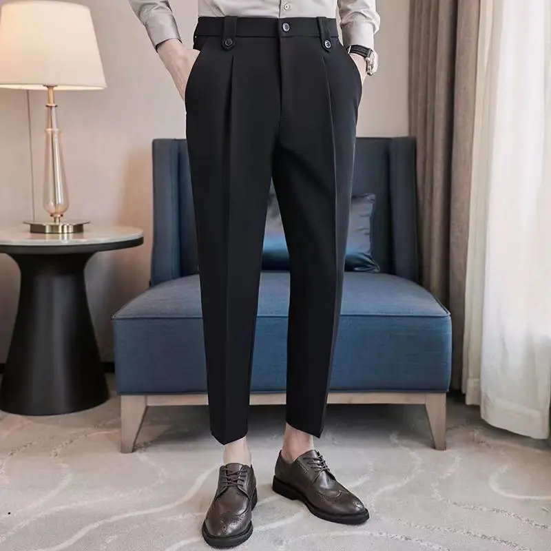 Smart Casual Summer New Men's Suit Pants Solid Color Zipper Pocket Button Simplicity Versatile Loose Straight Ankle Length Pants
