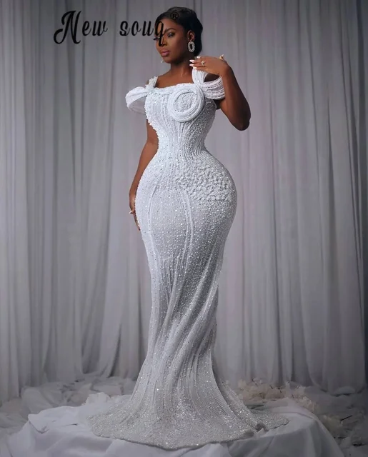 Aso Ebi Plus Size White Prom Dresses 3D Pleated Long Wedding Events Gowns For Black Girls Bridal Dress Customized Occasion Robe 2