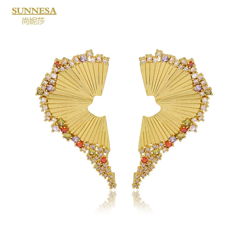 SUNNESA Luxury Colorful Zircon African Clip Earrings for Women Wedding Dubai Golden Fanshaped Big Earrings Bride Jewelry