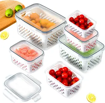 Fridge Food Storage Container Set with Lids with Strainer,Plastic Fresh Produce Saver Vegetable Fruit Meat Organizer