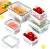 Fridge Food Storage Container Set with Lids with Strainer,Plastic Fresh Produce Saver Vegetable Fruit Meat Organizer 1