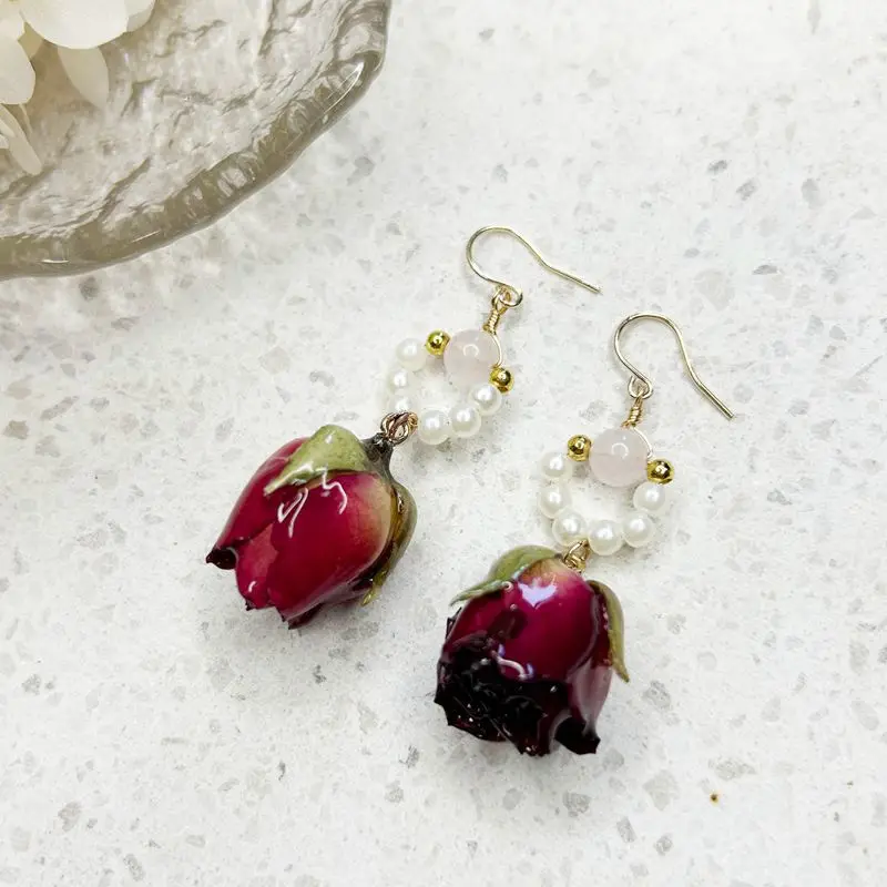 Unique Immortal Flower Earrings Elegant Natural Flower Pearl Drop Earrings Statement Jewelry Epoxy Resin Real Rose Earring 2024