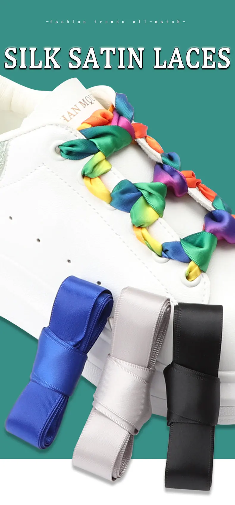 1 Paar Regenbogen-Seiden-Schnürsenkel, Satinband, flache Schnürsenkel, Damen-Turnschuhe, Schnürsenkel, 2 cm breite Schnürsenkel für Schuhe, Länge 80/100/120 cm – Detail 1