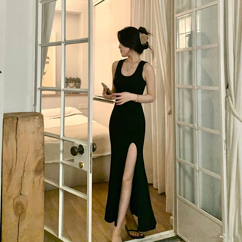 

Black Sleeveless Dress Women Korean Fashion Style Side Slit Irregular Mid Calf Sexy Sheath Solid Elegant Chic Summer Y2K