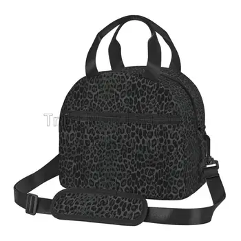 Borsa per il pranzo con stampa leopardata nera Borsa Bento riutilizzabile isolata per donna Borsa termica termica con tracolla regolabile per viaggi di lavoro