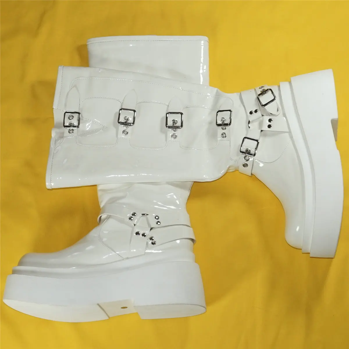 

Wedges Platform Pumps Shoes Women White Patent Leather High Heel Thigh High Boots Female Round Toe Fashion Sneakers Casual Shoes