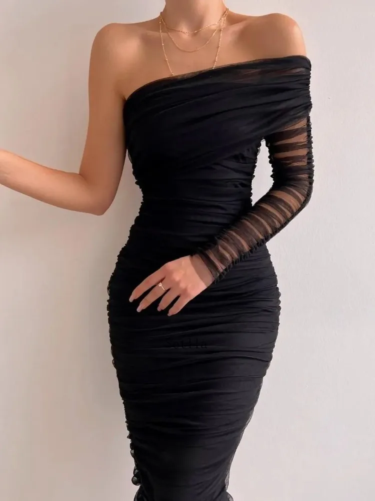 

See Through Mesh Midi Dresses for Women Fold Sexy Slim Cocktail Dress Woman Wedding Bodycon Off Shoulder DressWomen's Sexy Dress