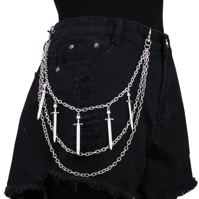 Cross Sword Charm Belt Punk Street Cross Sword Charm Belt Waist Chain Male Women Pants Chain Multi Layer HipHop Hook Trousers Keychain
