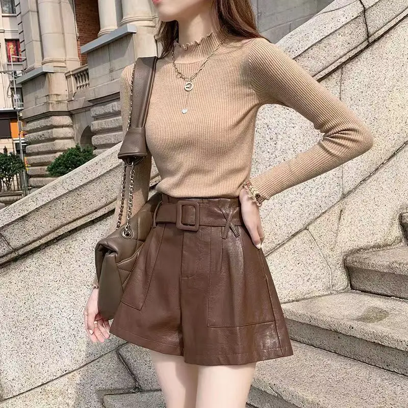 Autumn Winter Commute All-match A-Line Sashes Leather Shorts Fashionable Solid Color Loose High Waist Pants Women's Clothing