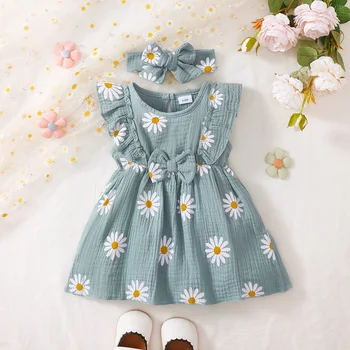 Summer  0-1 Years  Old  Infant  Baby Girls Daisy Print  Fashion  Sleeveless  Casual  Dresses 1