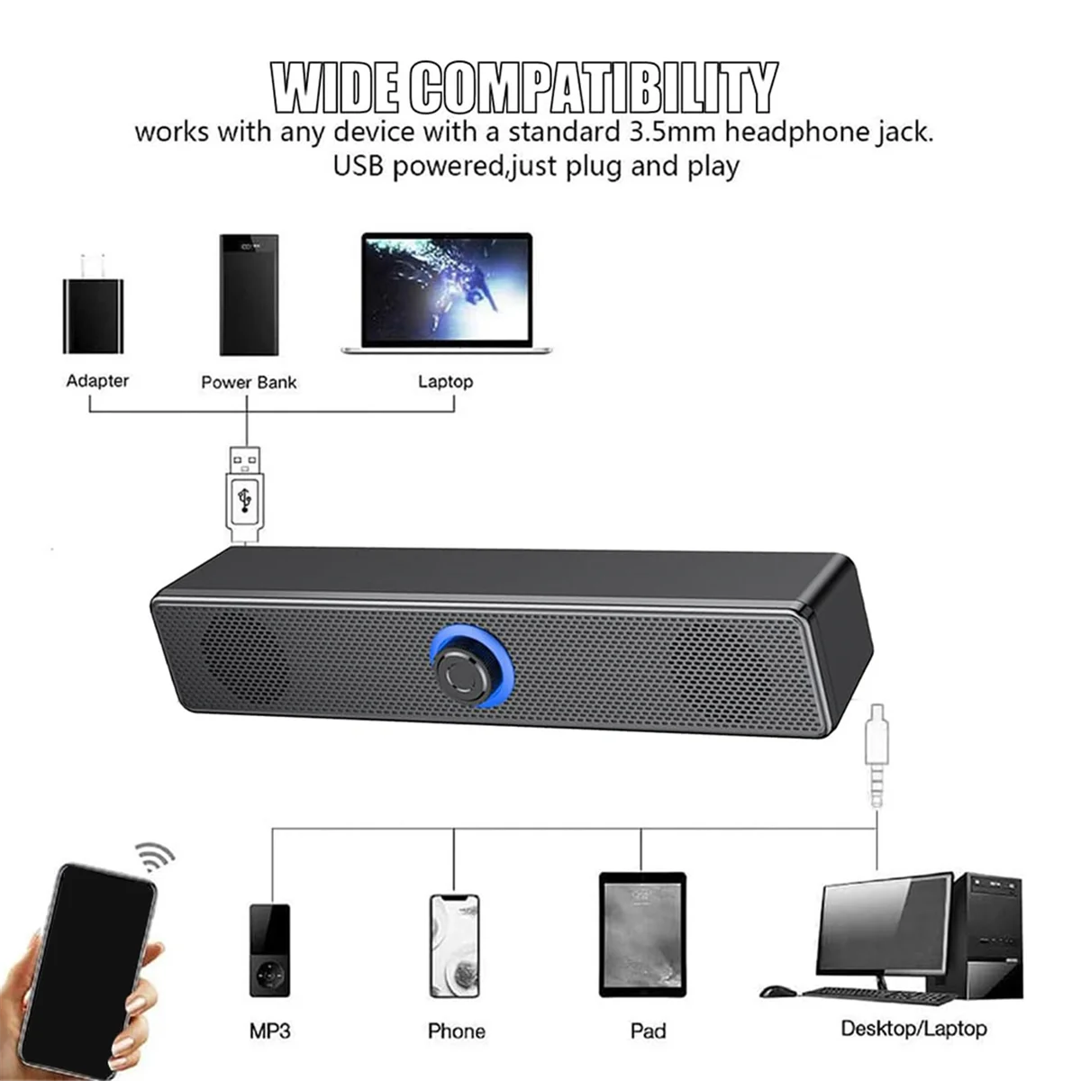 A02R 노브 볼륨 조절 및 3.5mm Aux 입력이 포함된 Bluetooth 컴퓨터 스피커, PC 노트북용 휴대용 사운드바 스피커