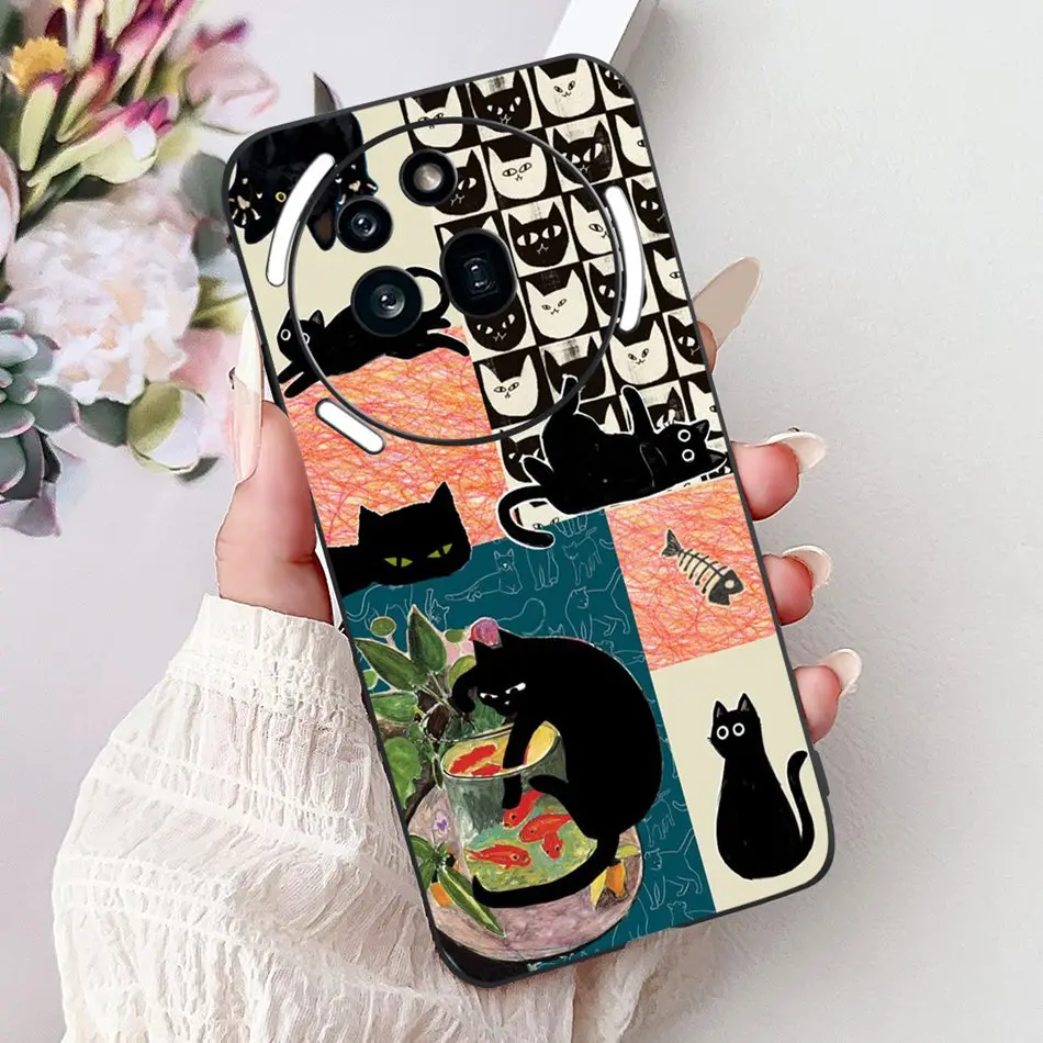 Elegant Butterfly Cat Printed Black Silicone Soft Phone Case