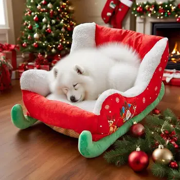 Christmas Decorations Sled Shaped Dog Bed Santa Pets Bed Festive Plush Cozy Cat Nest Christmas Themed Pet doggy Sleeping Bed